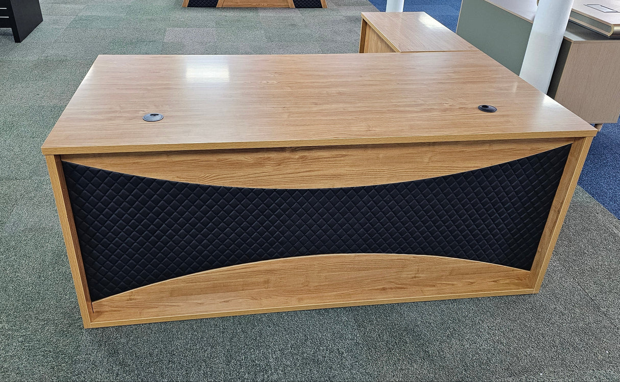 EX SHOWROOM - Modern Oak Executive Office Desk with Leather Panelling with Mobile Pedestal and Desk Level Return - 1800mm - 8690