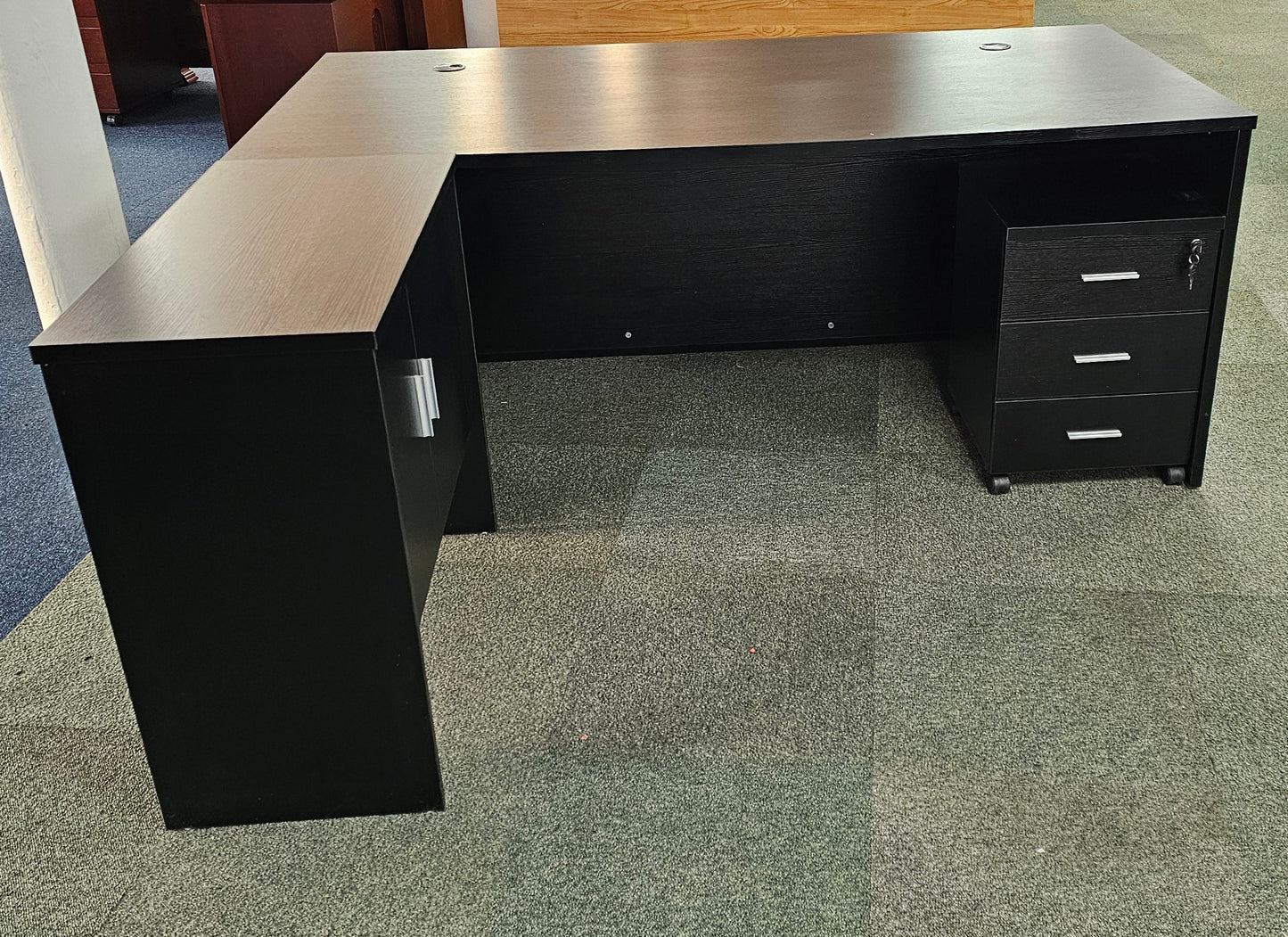EX SHOWROOM - Modern Black Ash Executive Office Desk with Leather Panelling with Mobile Pedestal and Desk Level Return - 1800mm - 8690