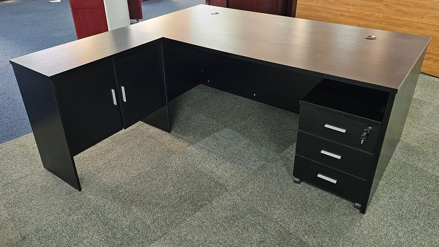 EX SHOWROOM - Modern Black Ash Executive Office Desk with Leather Panelling with Mobile Pedestal and Desk Level Return - 1800mm - 8690