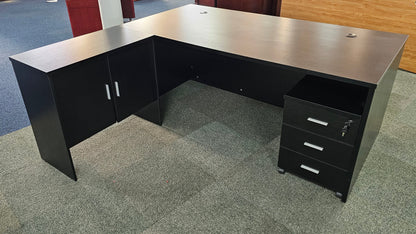 EX SHOWROOM - Modern Black Ash Executive Office Desk with Leather Panelling with Mobile Pedestal and Desk Level Return - 1800mm - 8690