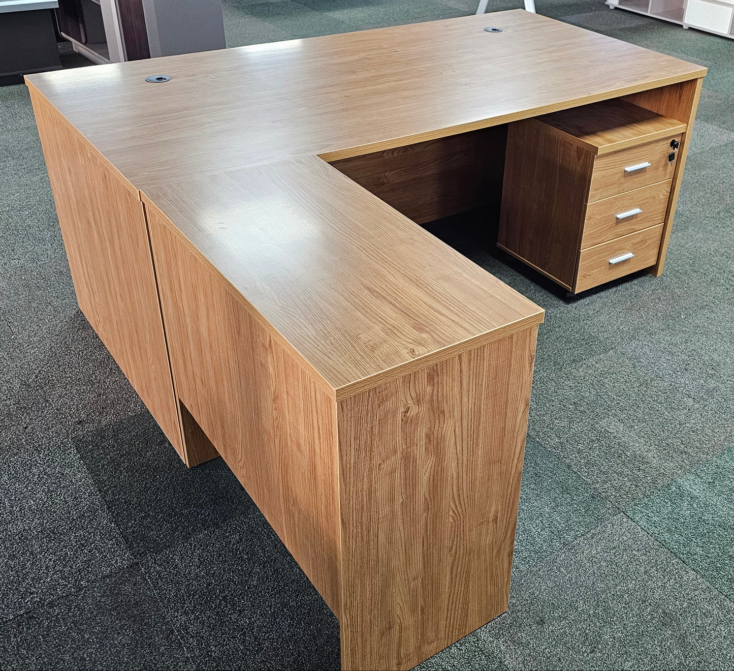 EX SHOWROOM - Modern Oak Executive Office Desk with Leather Panelling with Mobile Pedestal and Desk Level Return - 1800mm - 8690