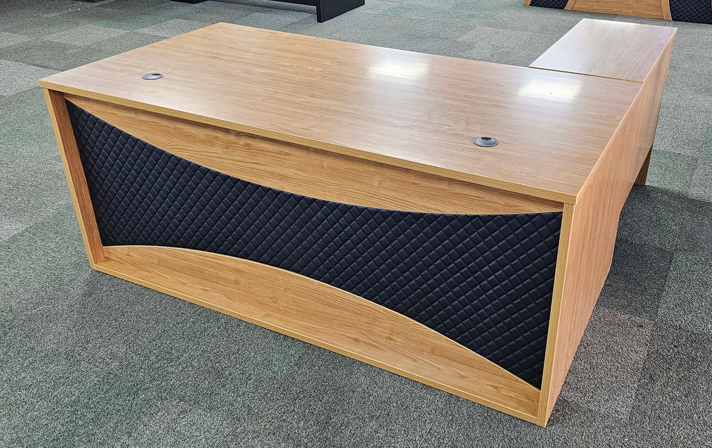 EX SHOWROOM - Modern Oak Executive Office Desk with Leather Panelling with Mobile Pedestal and Desk Level Return - 1800mm - 8690