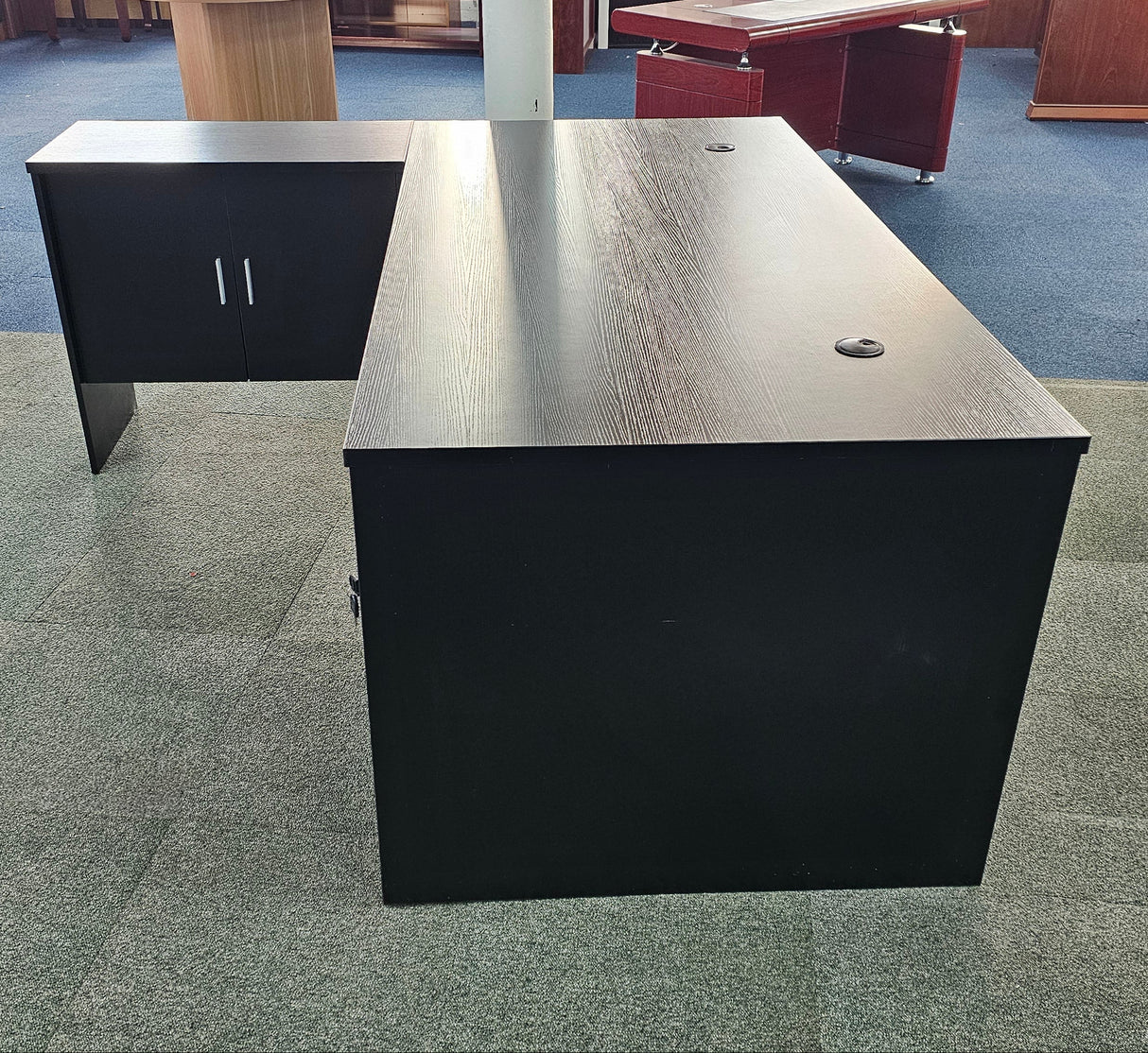 EX SHOWROOM - Modern Black Ash Executive Office Desk with Leather Panelling with Mobile Pedestal and Desk Level Return - 1800mm - 8690