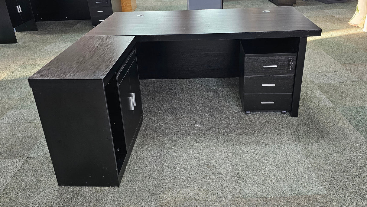 EX SHOWROOM - Modern Black Ash Executive Office Desk with Stylish Modesty Panel with Mobile Pedestal and Desk Level Return - 1800mm - 8674