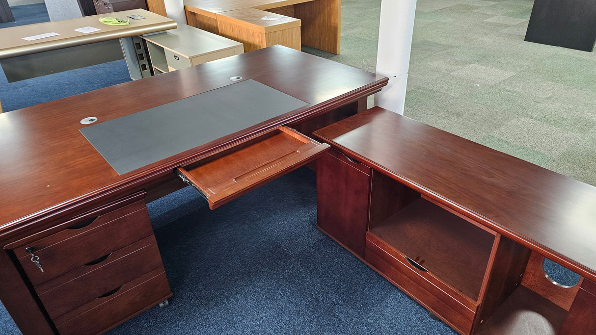 EX SHOWROOM - Quality Dark Walnut Real Wood Veneer Executive Office Desk with Pedestal and Return - 2000mm - JNY-2026