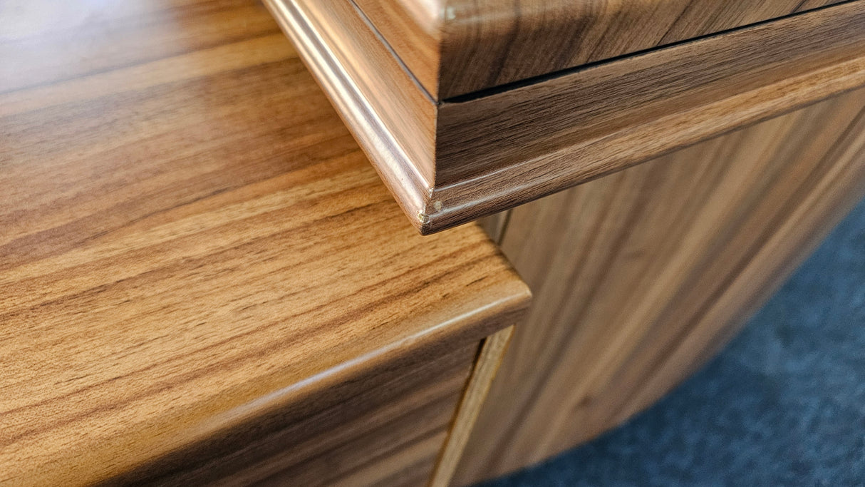 EX SHOWROOM - Light Oak Veneer Executive Office Desk with Return Storage Unit - Black Leather Chesterfield Modesty Panel - 1800mm - 1833