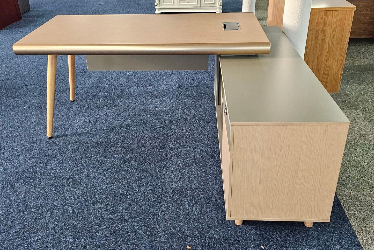 EX SHOWROOM - Modern Oak and Sage Green Executive Right Hand Corner Desk with Gold Edging - 1800mm - CL1711
