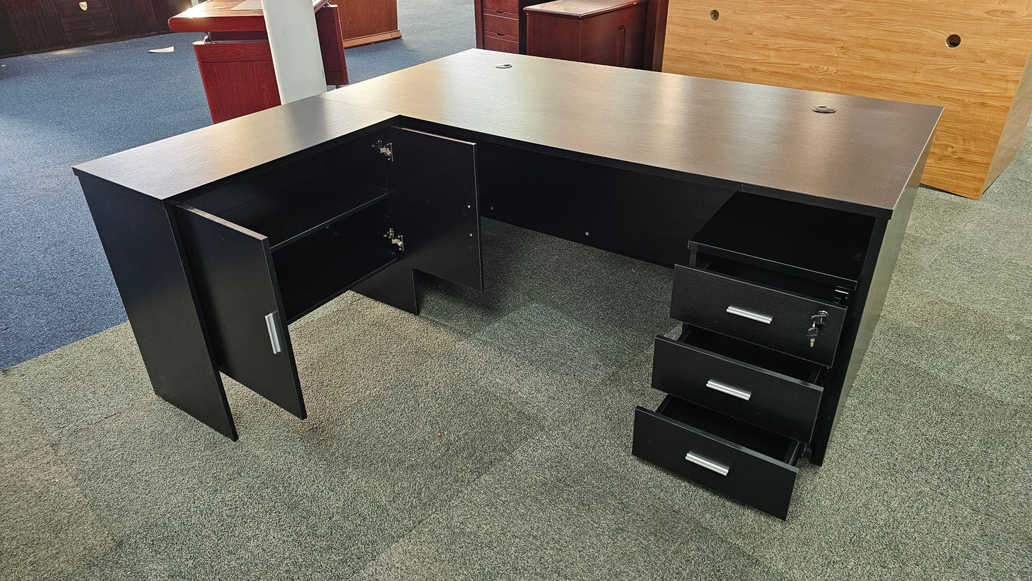 EX SHOWROOM - Modern Black Ash Executive Office Desk with Leather Panelling with Mobile Pedestal and Desk Level Return - 1800mm - 8690