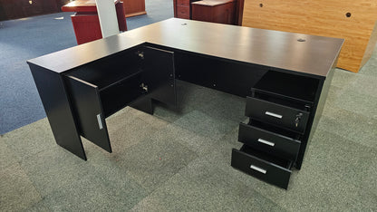 EX SHOWROOM - Modern Black Ash Executive Office Desk with Leather Panelling with Mobile Pedestal and Desk Level Return - 1800mm - 8690