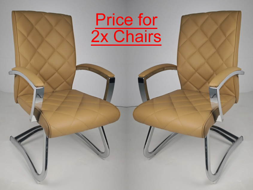EX SHOWROOM - Pair of Quilted Beige Leather Stylish Cantilever Visitors Chair - ZV-B217