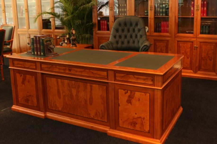 Executive Dark Yew Desk Set With Yew Inlaid Panelling - DES-0806-ST