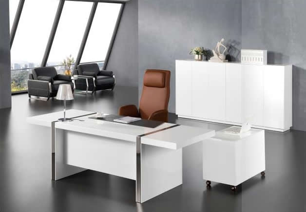 Large Gloss White Executive Office Desk with Drawer Pedestal and Side Return - 2400mm - 0991