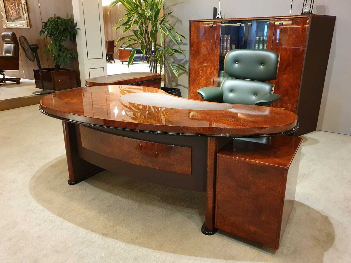 Executive High Gloss Walnut Veneer Office Desk With Dark Brown Leather - DES-2401 -2100mm