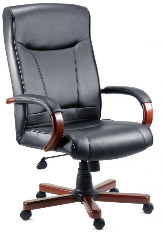 Black Bonded Leather Office Chair - Mahogany or Light Oak Wood Option - KINGSTON