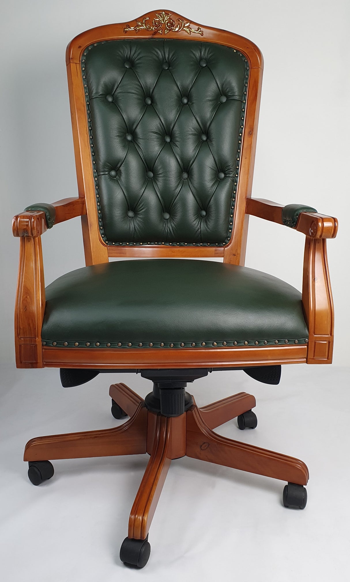 Solid Wood Frame High Back Real Green Leather Chesterfield Captains Chair - HSN-CPT-02