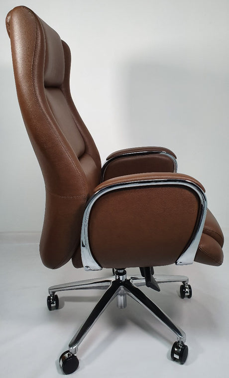 Brown Leather Executive Office Chair with Chrome Trimmed Arms - J1201