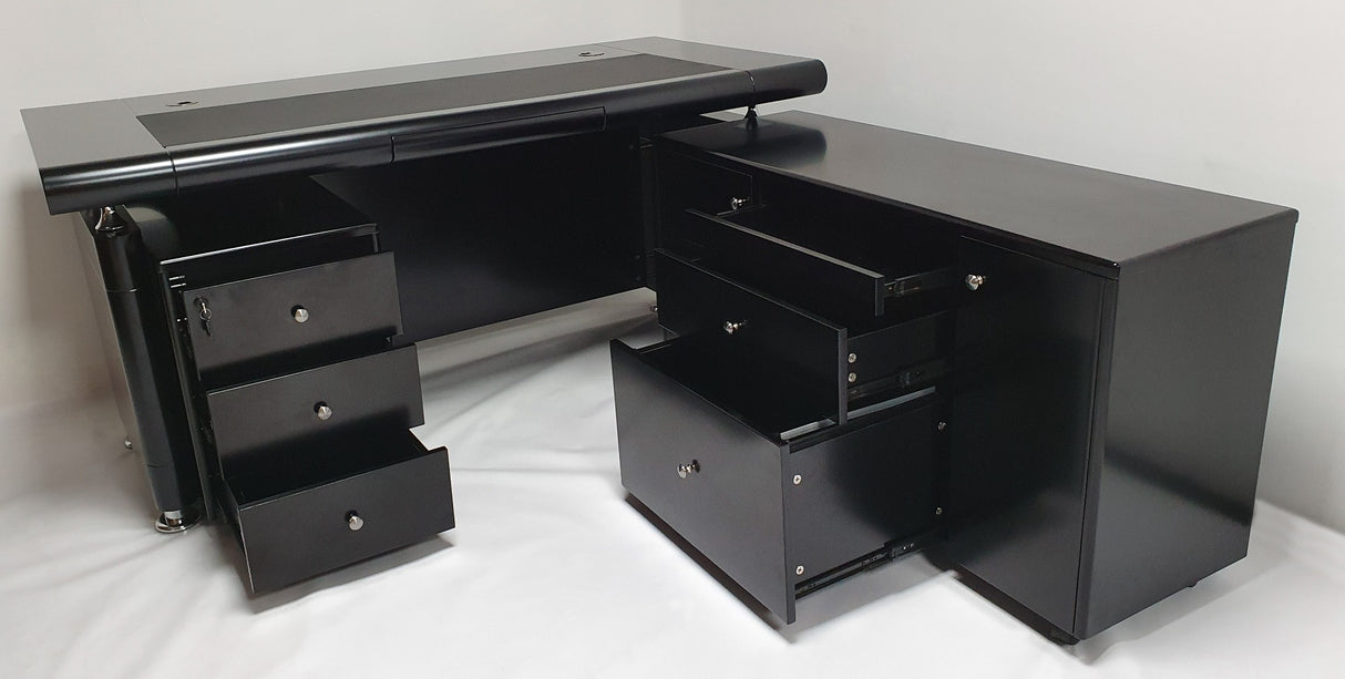 Black Executive Office Desk with Pedestal and Return - 1600mm or 1800mm - 1861-BLK