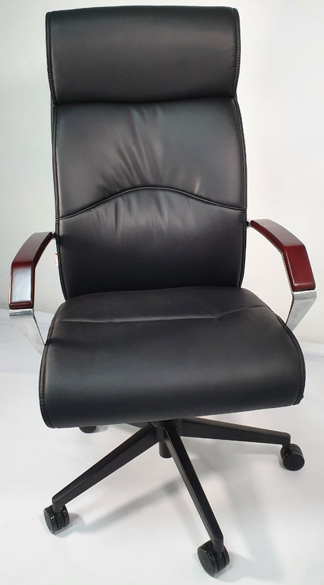 Slim Black Leather Office with Wood Arms - YS818