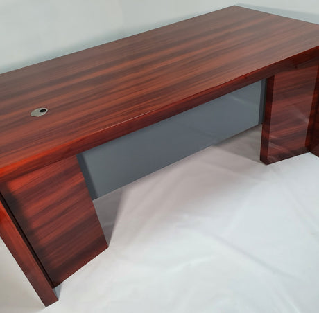 Luxury Office Desk In High Gloss Lacquered Mahogany Veneer With Grey Accents - DES-0950