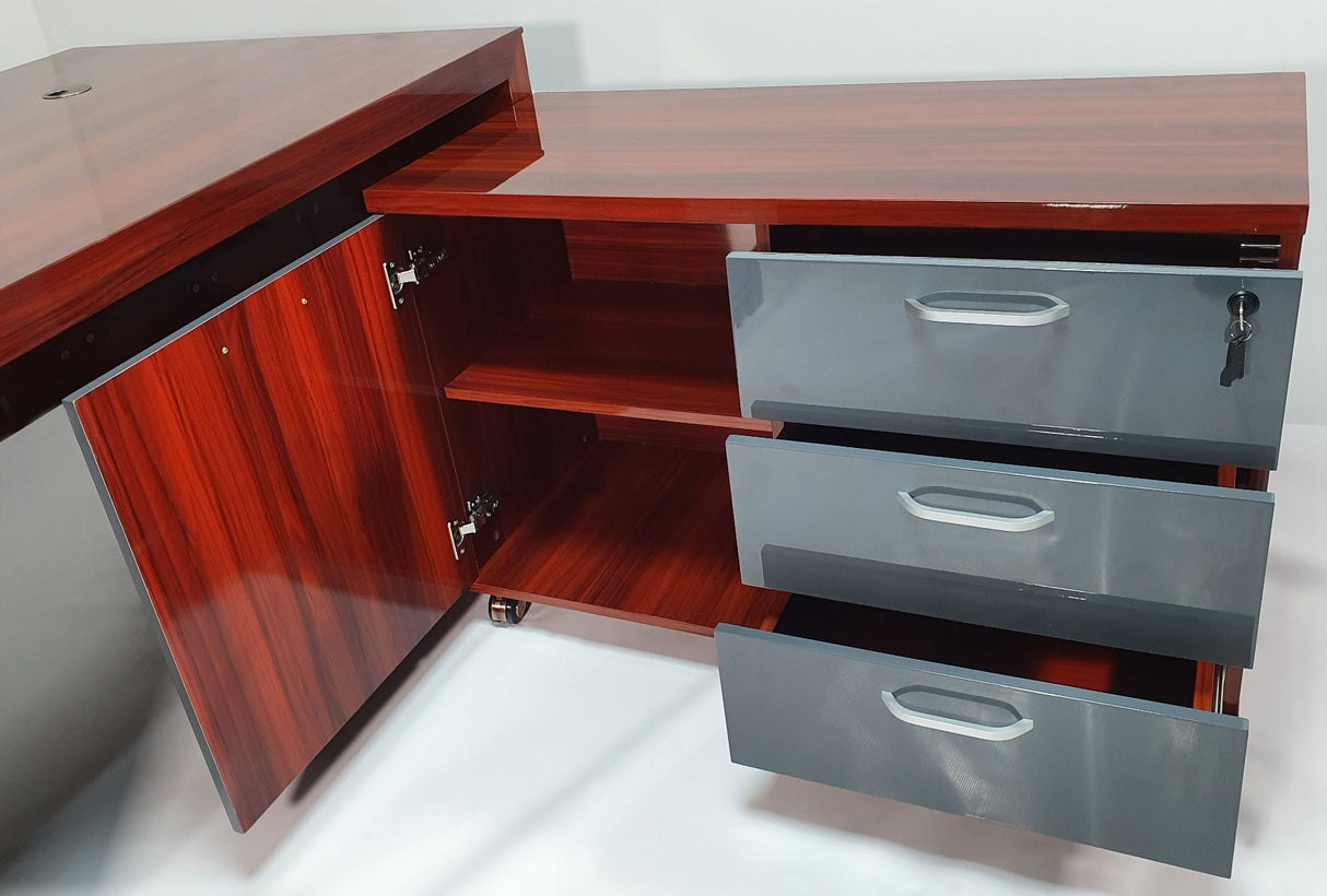 Luxury Office Desk In High Gloss Lacquered Mahogany Veneer With Grey Accents - DES-0950