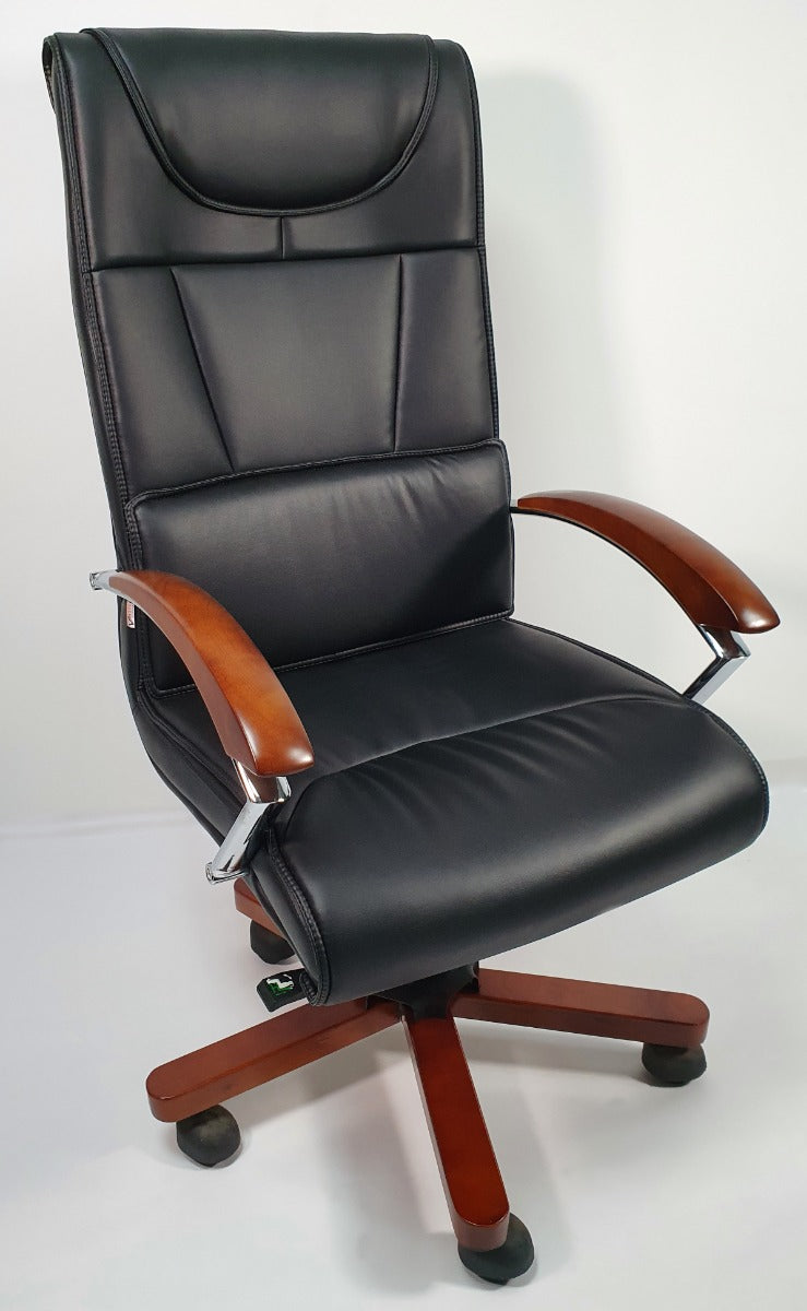 Leather office chair with shop wood arms