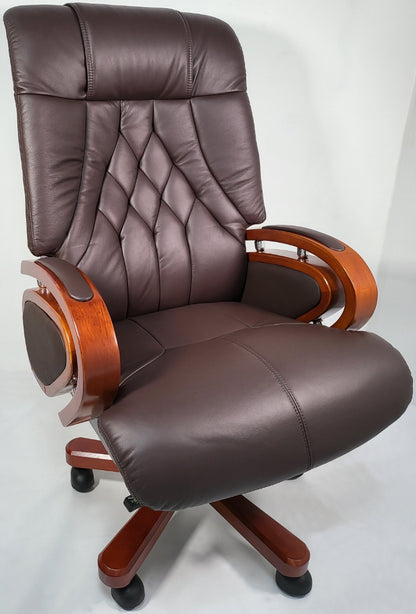 Genuine Leather Brown Executive Office Chair with Wooden Arms -  A616