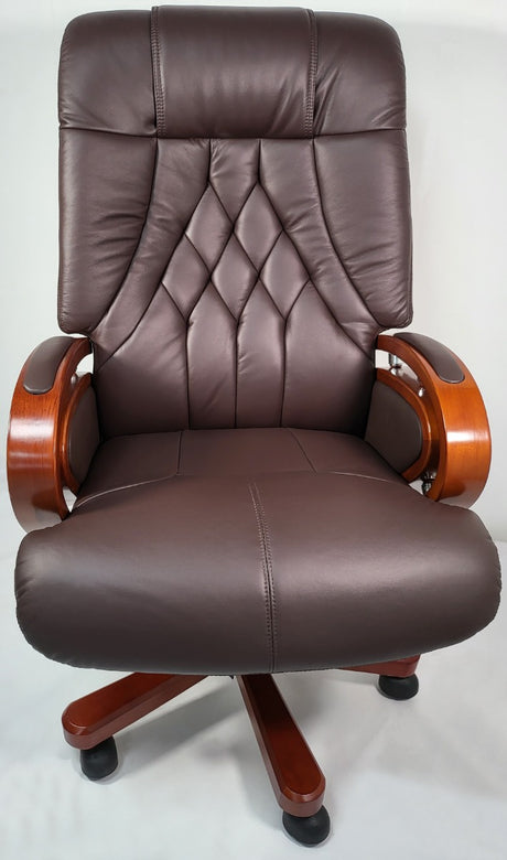 Genuine Leather Brown Executive Office Chair with Wooden Arms - A616