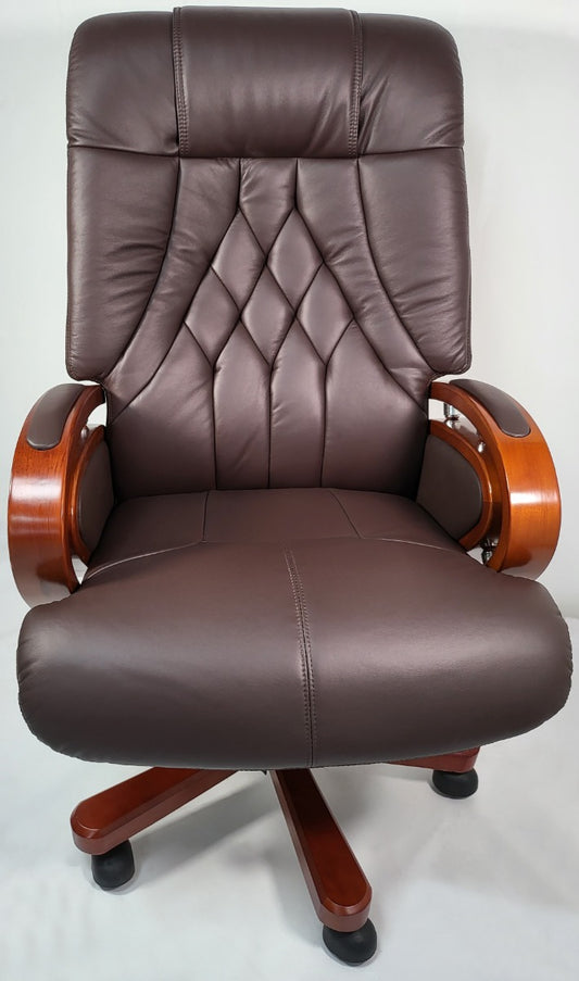 Genuine Leather Brown Executive Office Chair with Wooden Arms -  A616