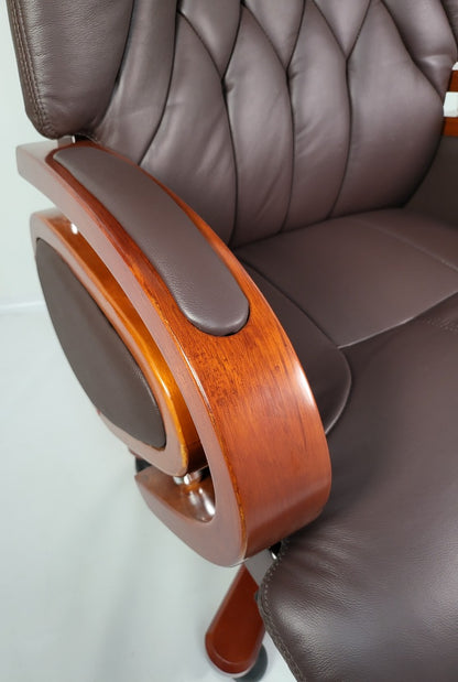 Genuine Leather Brown Executive Office Chair with Wooden Arms -  A616