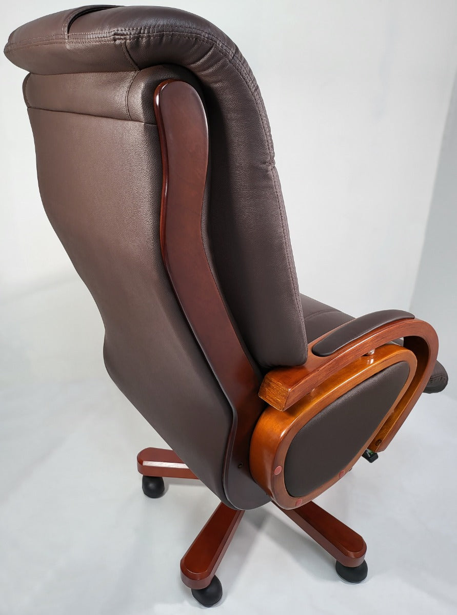 Genuine Leather Brown Executive Office Chair with Wooden Arms -  A616