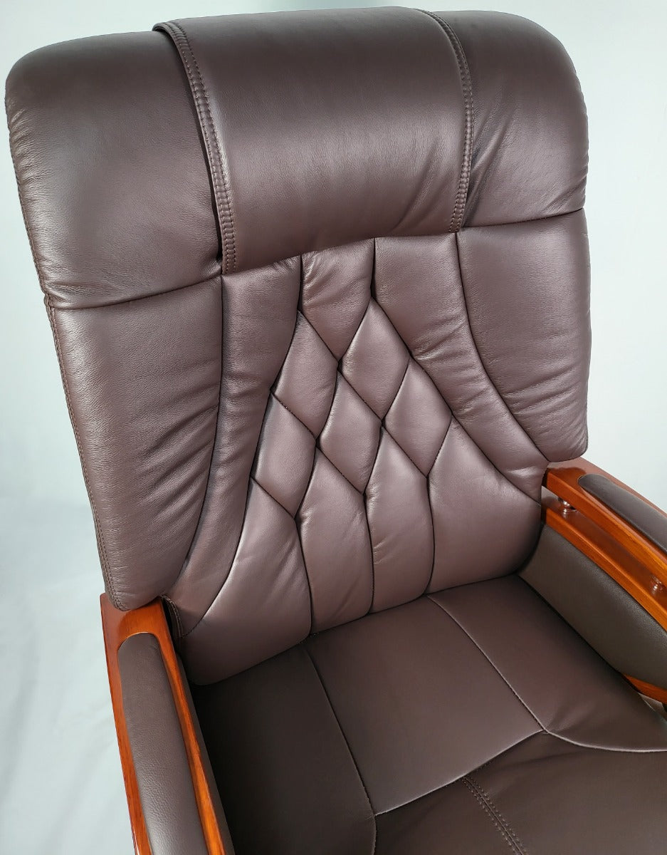 Genuine Leather Brown Executive Office Chair with Wooden Arms -  A616