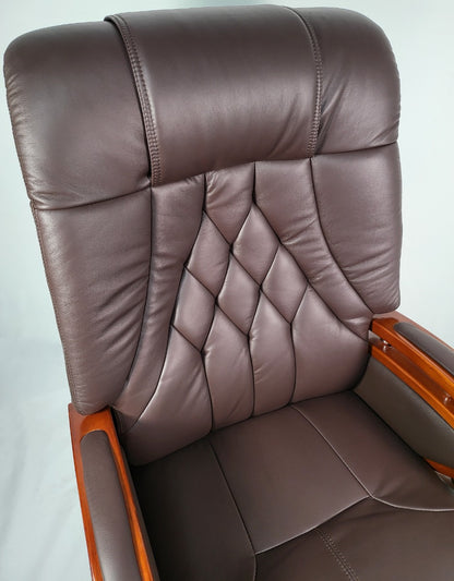 Genuine Leather Brown Executive Office Chair with Wooden Arms -  A616