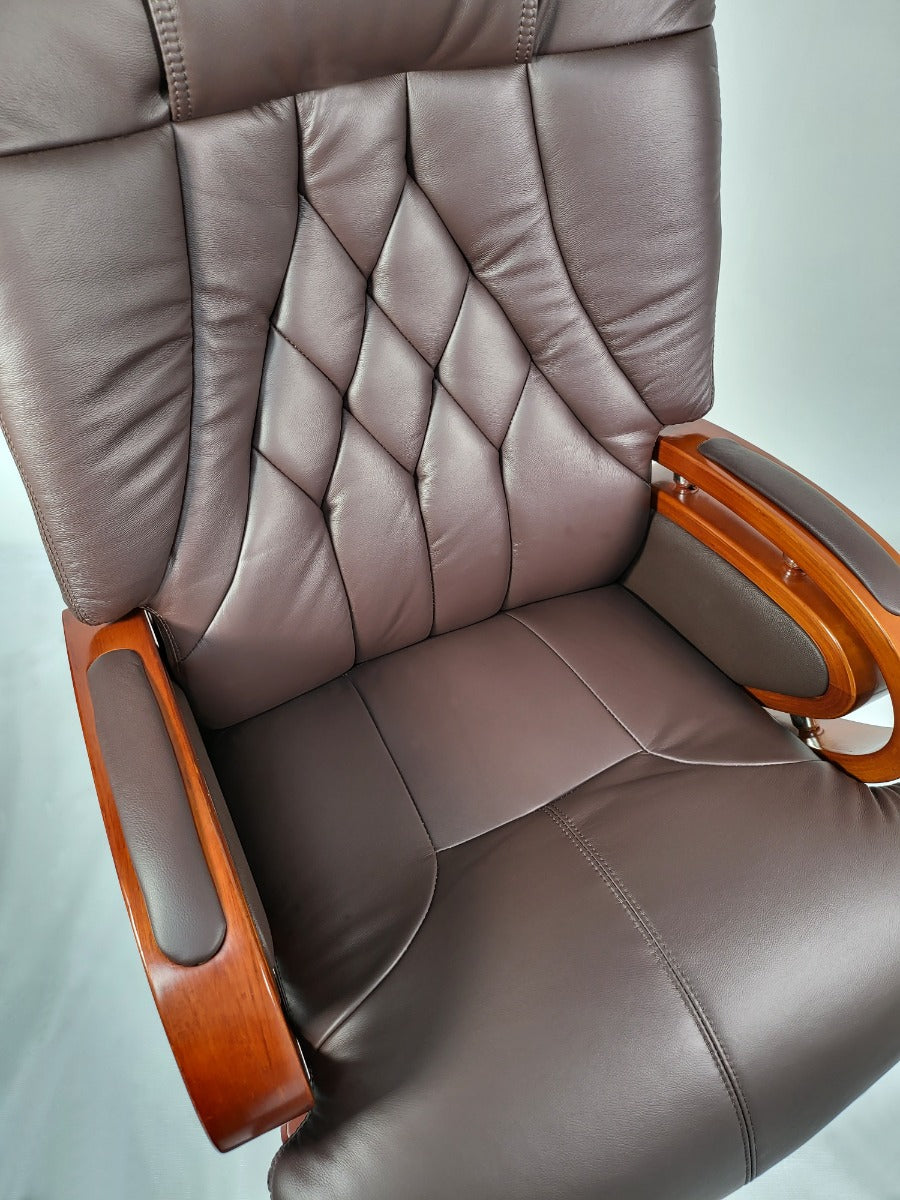 Genuine Leather Brown Executive Office Chair with Wooden Arms -  A616