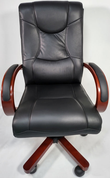 Genuine Black Leather Office Chair with Mahogany Arms - HSW-088