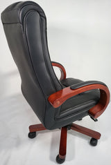 Genuine Black Leather Office Chair with Mahogany Arms - HSW-088