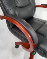 Genuine Black Leather Office Chair with Mahogany Arms - HSW-088