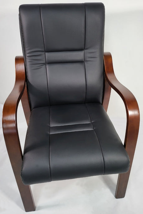 Black Leather Meeting Chair with Walnut Veneered Arms - C48