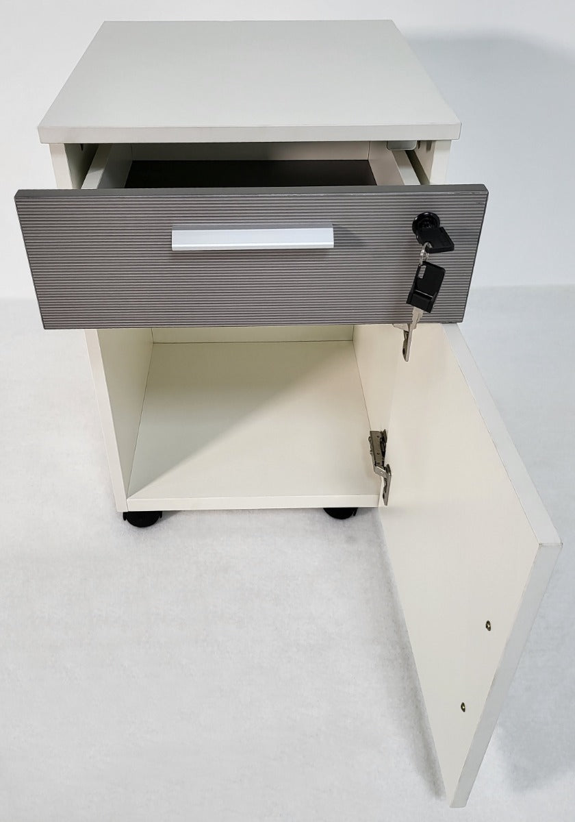 White and Grey Stripe Mobile Pedestal - One Drawer and One Door - H0101