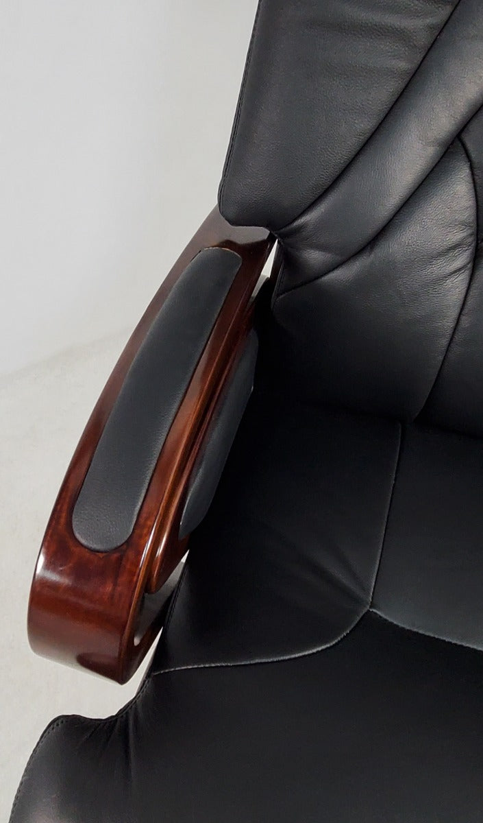 Genuine Leather Black Executive Office Chair with Walnut Arms - A616