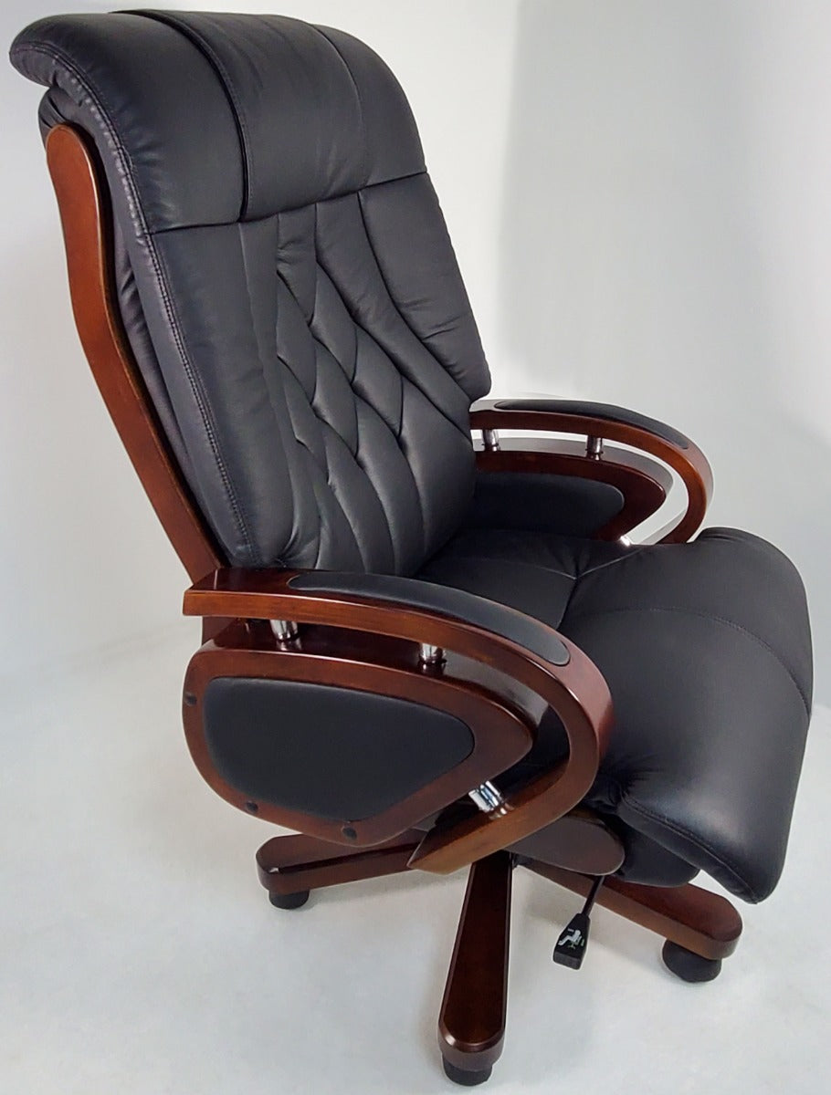 Genuine Leather Black Executive Office Chair with Walnut Arms A616