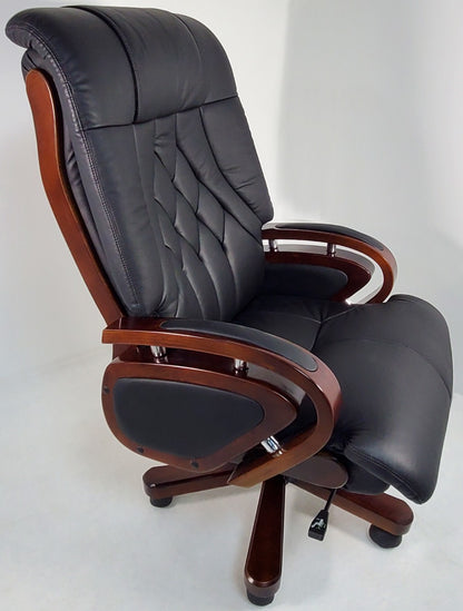Genuine Leather Black Executive Office Chair with Walnut Arms - A616