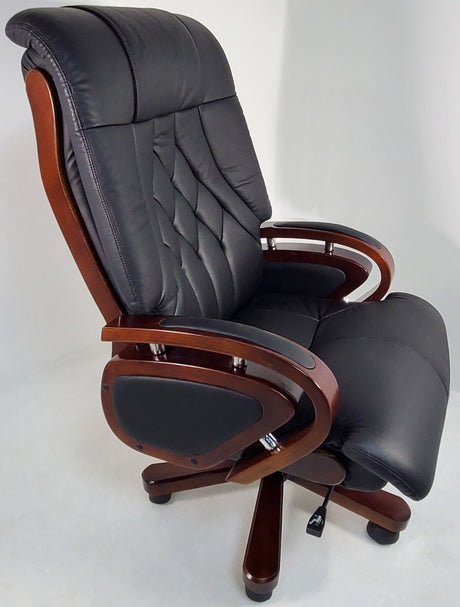 Genuine Leather Black Executive Office Chair with Walnut Arms - A616