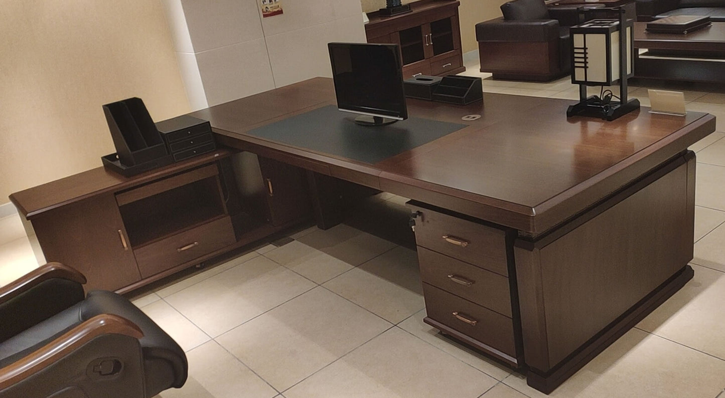 Large Executive Office Desk Real Wood Veneer With Black Leather - 2200mm / 2400mm / 2600mm / 2800mm - 3PK241