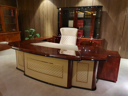 Luxury Executive Desk Gloss Walnut with Cream Leather - 2600mm - G8028