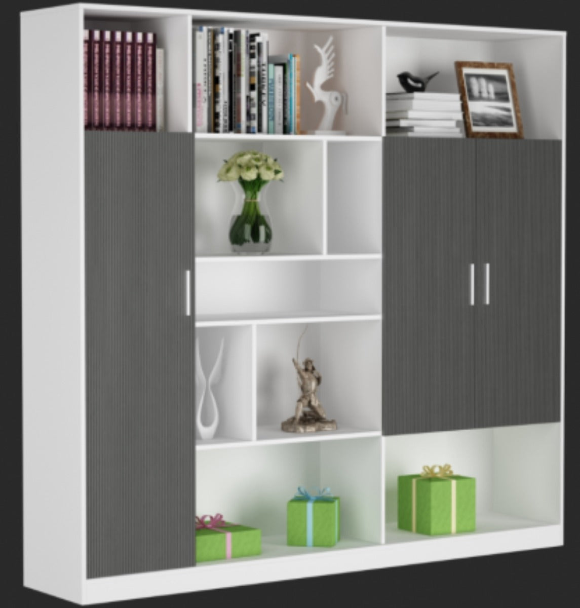 Modern Large White and Grey Stripe Fixed Shelf Bookcase - 2000mm - S0128