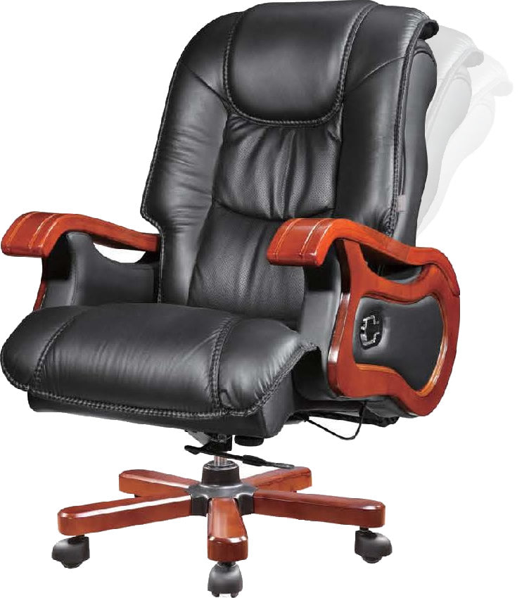 Luxury Black Leather Reclining Office Chair with Walnut Arms - CHA-B113-B