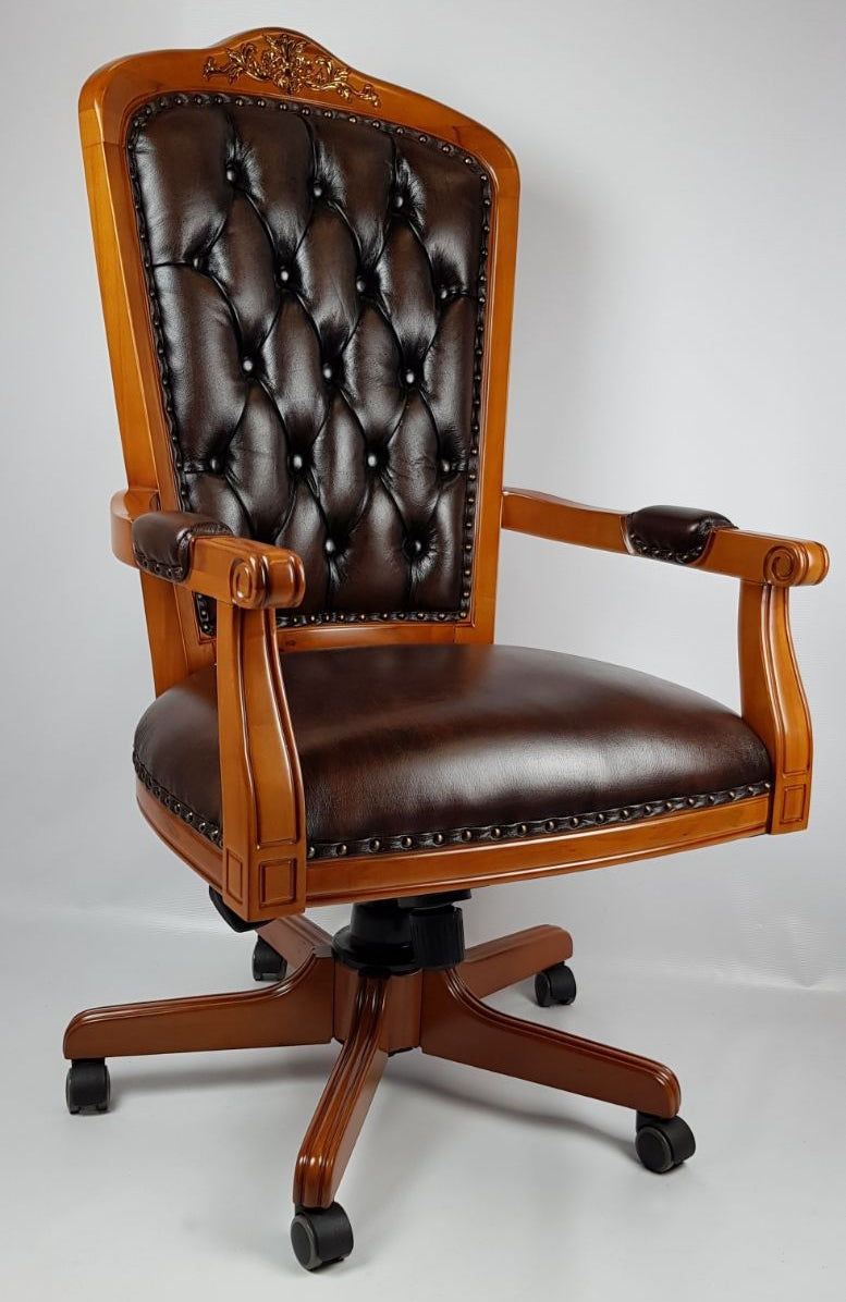 Solid Wood Frame High Back Real Brown Leather Chesterfield Captains Chair - CPT-02