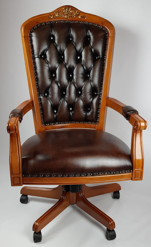 Solid Wood Frame High Back Real Brown Leather Chesterfield Captains Chair - CPT-02
