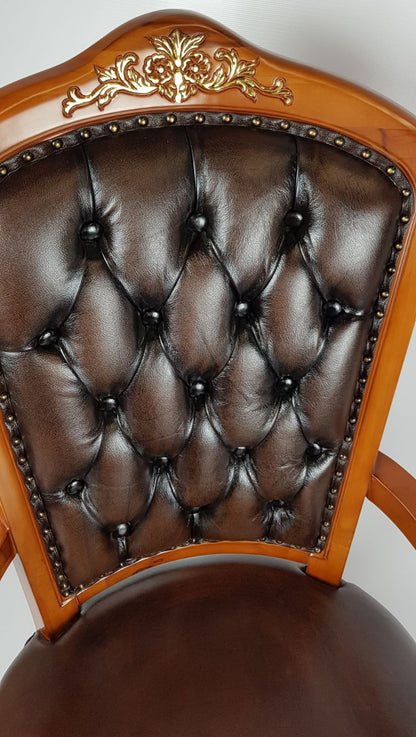 Solid Wood Frame High Back Real Brown Leather Chesterfield Captains Chair - CPT-02