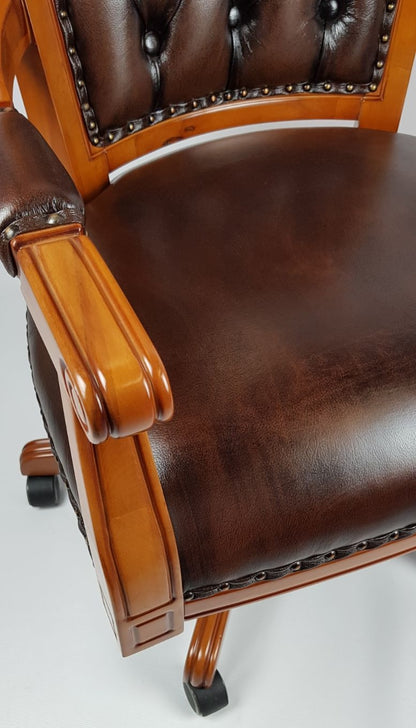Solid Wood Frame High Back Real Brown Leather Chesterfield Captains Chair - CPT-02